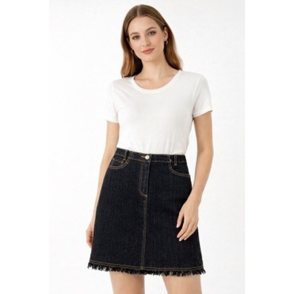 Cabi Womens Dark Wash Denim A-Line Skirt Raw Fringe Hem Indigo Blue Size 6 715